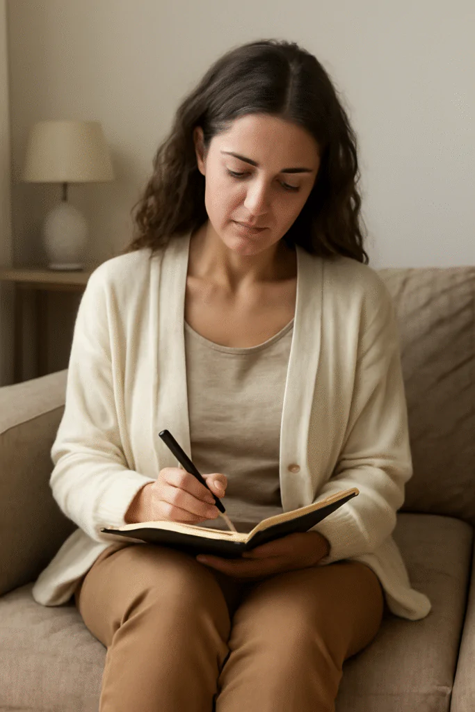 Jovem escrevendo em diário espiritual como prática para se conectar com seu eu interior e cultivar a autoconsciência Práticas Espirituais Para Conectar-Se Com Seu Eu Interior