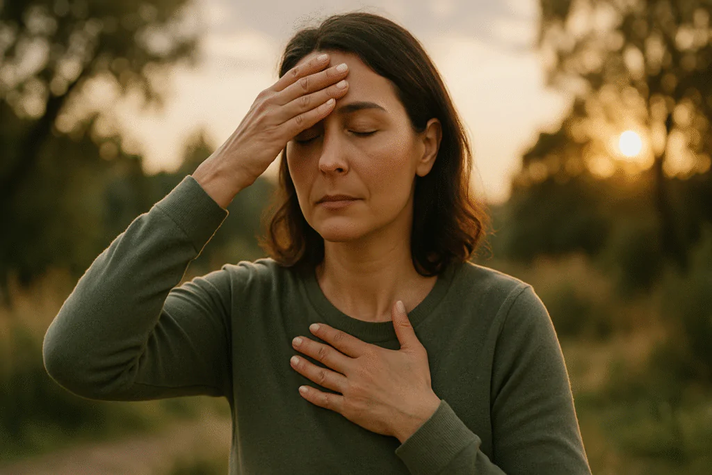 Mulher meditando ao ar livre ao pôr do sol, buscando conexão espiritual com seu eu interior