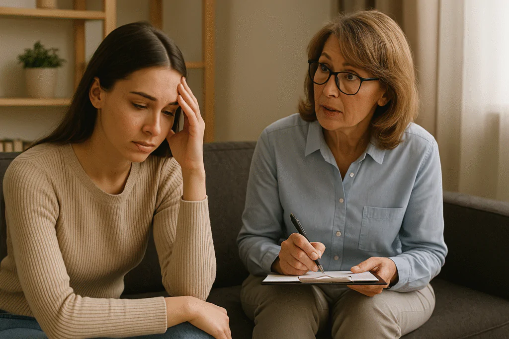 Jovem buscando equilíbrio emocional com auxílio da respiração consciente durante conversa com terapeuta