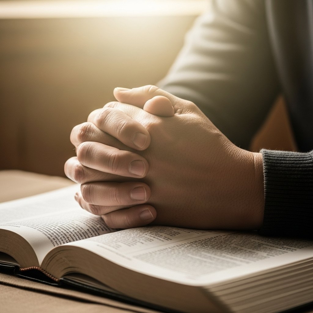 Mãos em oração sobre Bíblia representando salmo 121 explicação sobre confiança em Deus nos tempos difíceis