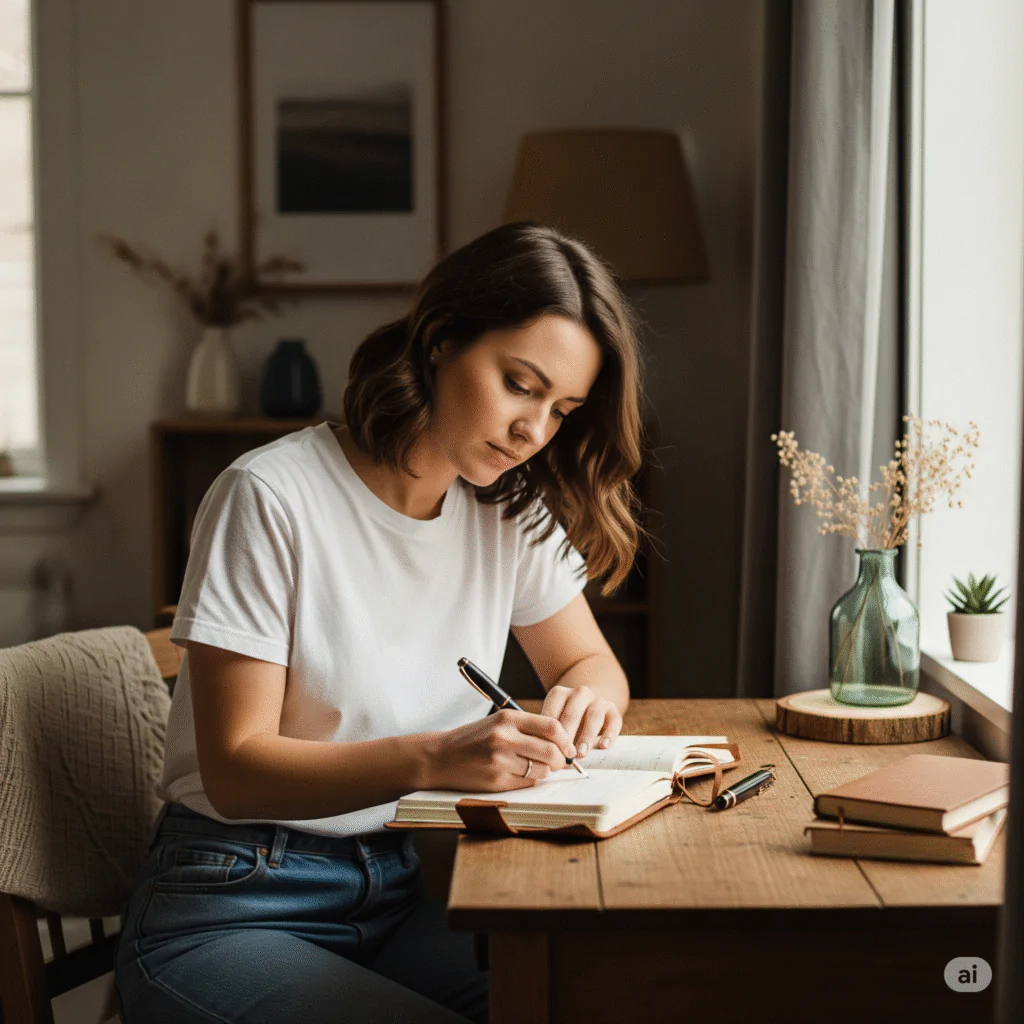 Mulher escrevendo em caderno de forma reflexiva, representando o processo de autoconhecimento e fé para superar limitações pessoais