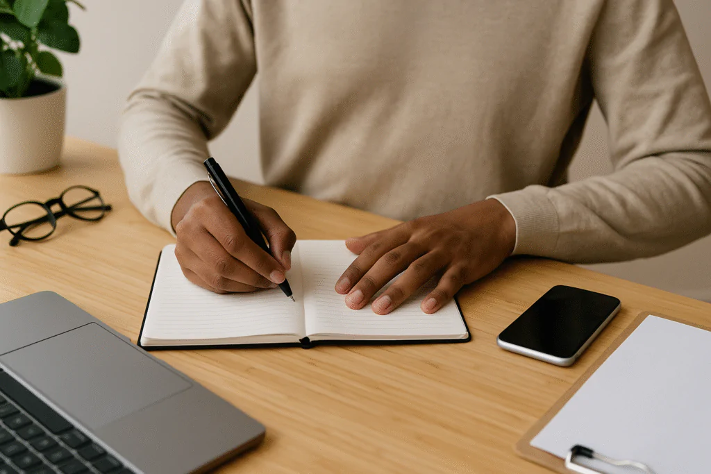 Homem escrevendo em diário sobre a mesa, planejando mudanças com fé e clareza para superar limitações pessoais