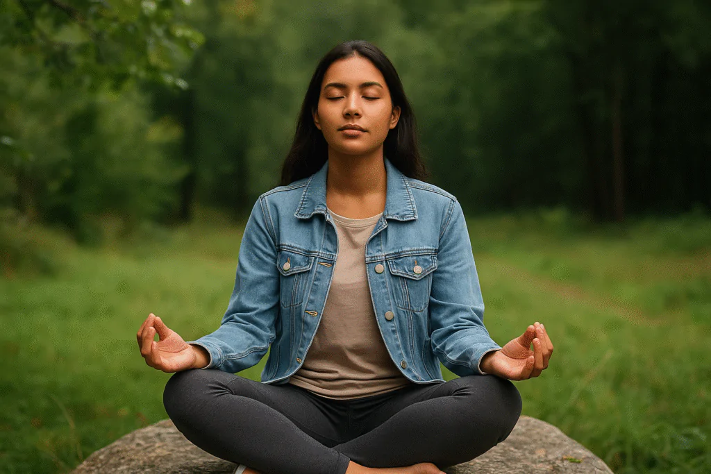 Mulher meditando em meio à natureza, representando a busca interior para transformar obstáculos em oportunidades