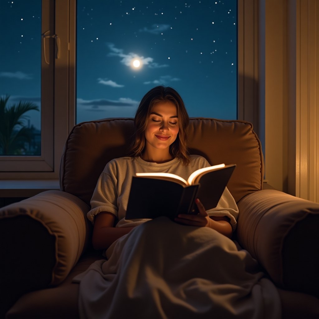 Pessoa meditando em versículo da Bíblia para noite de hoje em ambiente tranquilo e acolhedor