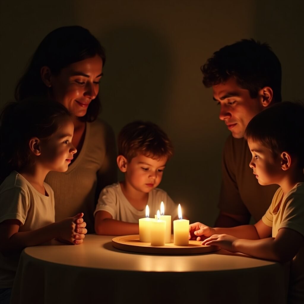 Família praticando versículo da noite de hoje em oração noturna para dormir em paz juntos