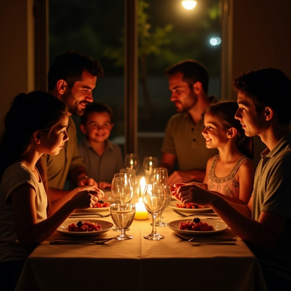Família praticando juntos versículo da noite com mensagem bíblica em momento de oração
