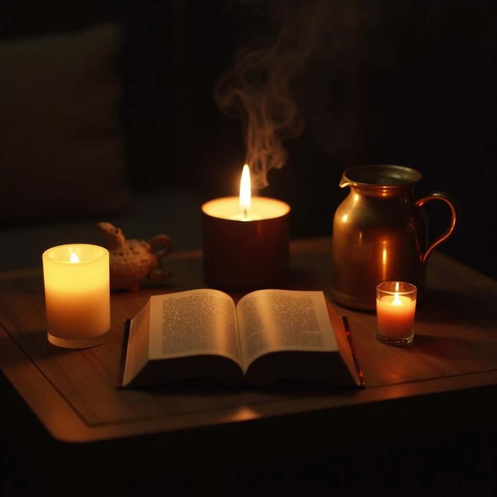 Espaço sagrado com Bíblia para prática de versículo da noite com mensagem bíblica