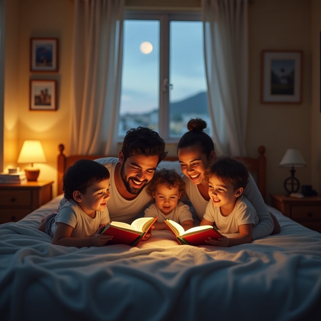 Família praticando versículos bíblicos de boa noite juntos antes de dormir