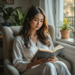 Mulher lendo versículos bíblicos para tempos difíceis durante devocional matinal