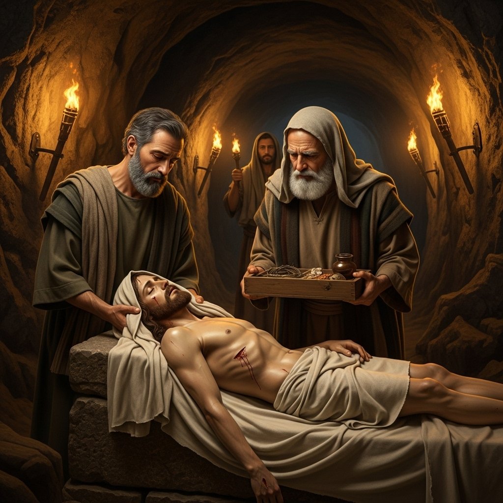 Nicodemos participando do sepultamento de Jesus com José de Arimateia, exemplo de versículos bíblicos para tempos difíceis sobre fé corajosa
