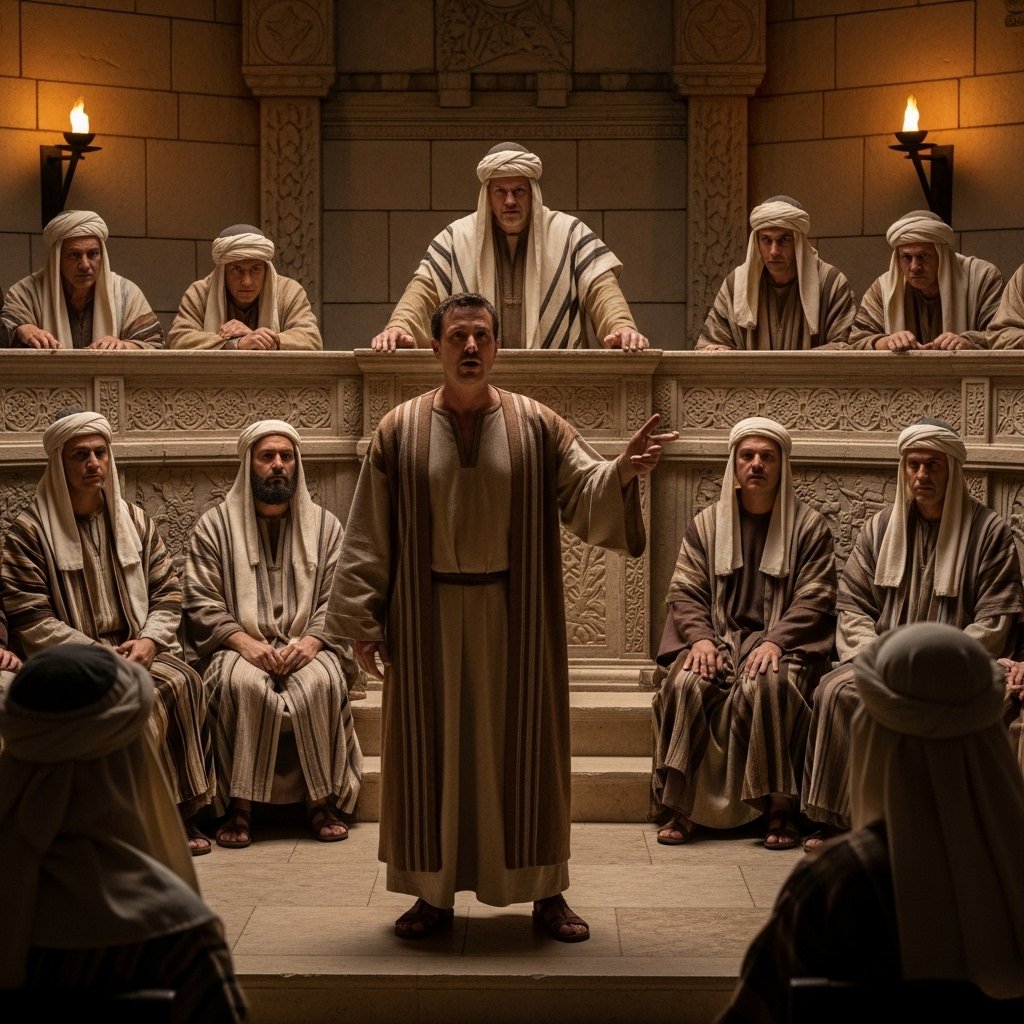 Nicodemos corajosamente defendendo Jesus no Sinédrio, demonstrando versículos bíblicos para tempos difíceis sobre coragem na fé