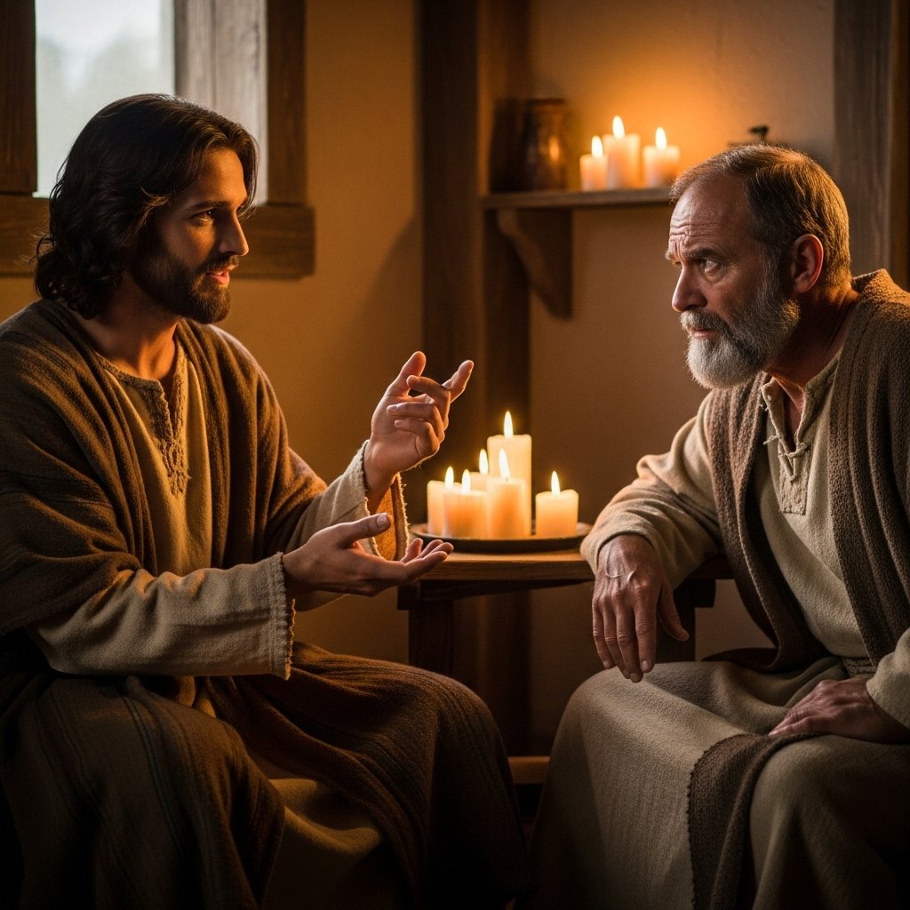 Jesus explicando o nascer de novo para Nicodemos, ilustrando versículos bíblicos para tempos difíceis sobre transformação espiritual