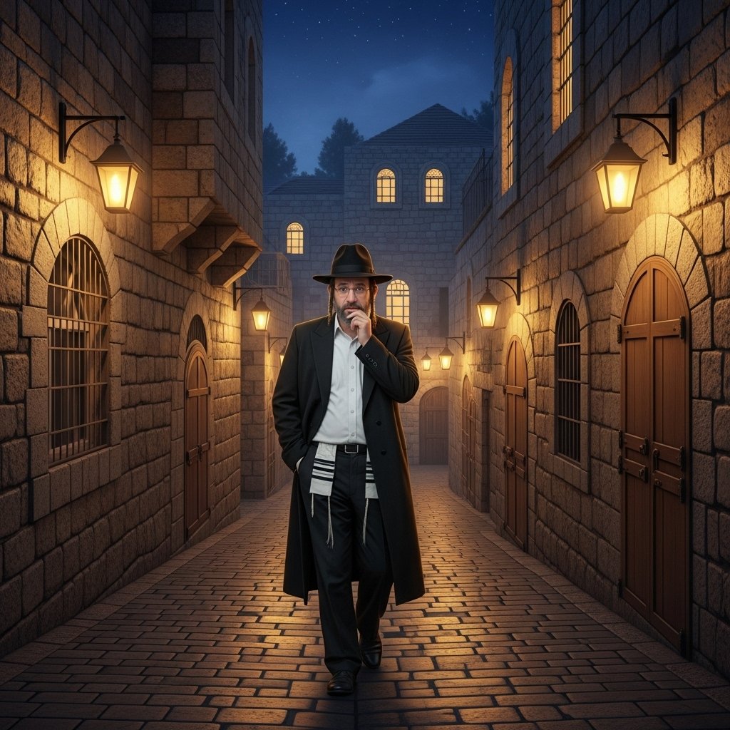 Nicodemos caminhando à noite pelas ruas de Jerusalém em busca de Jesus, representando versículos bíblicos para tempos difíceis