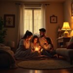 Família praticando versículos de boa noite em ambiente acolhedor com Bíblia e velas