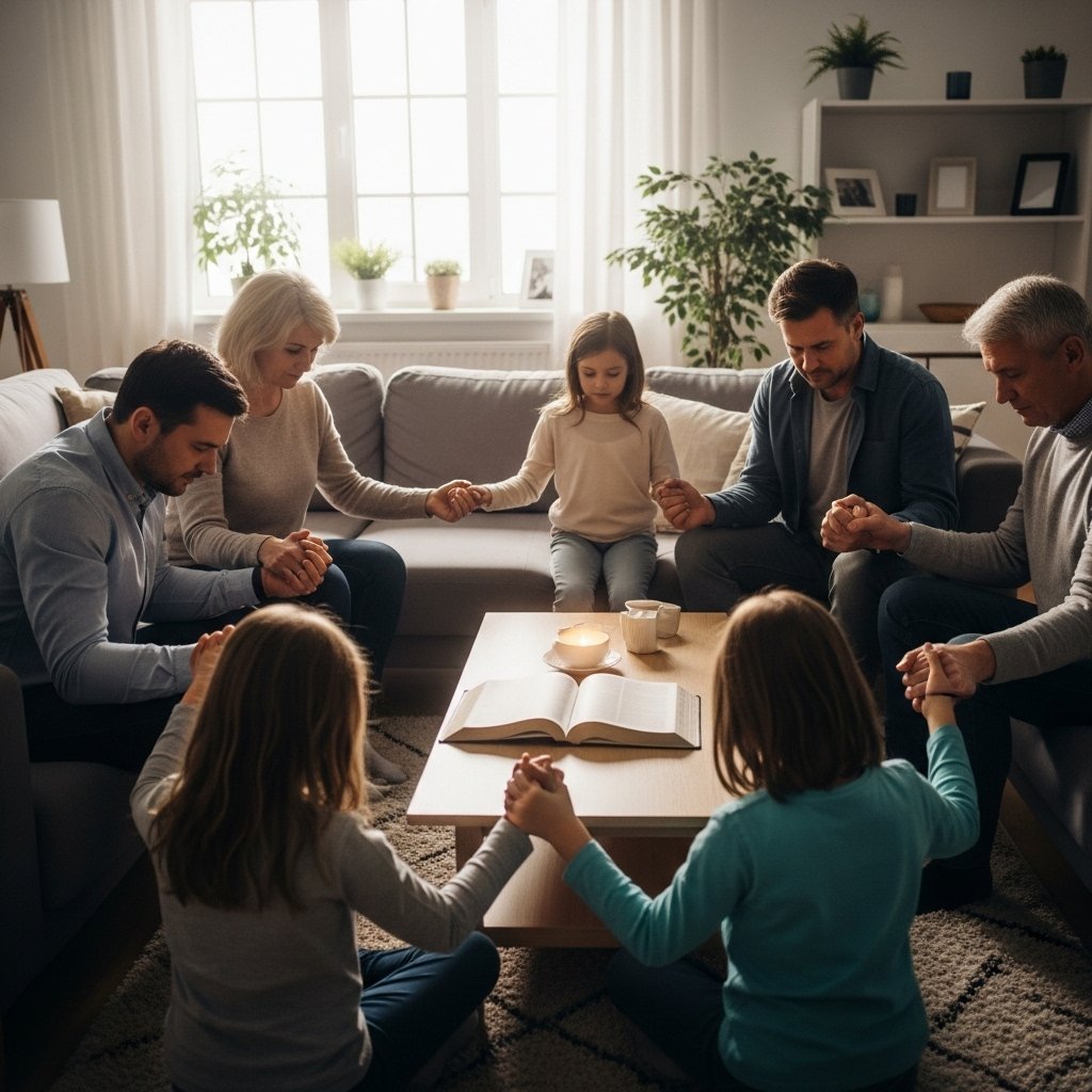 Família cristã unida em oração matinal com versículos de bom dia com Deus, demonstrando união espiritual e fé compartilhada no lar