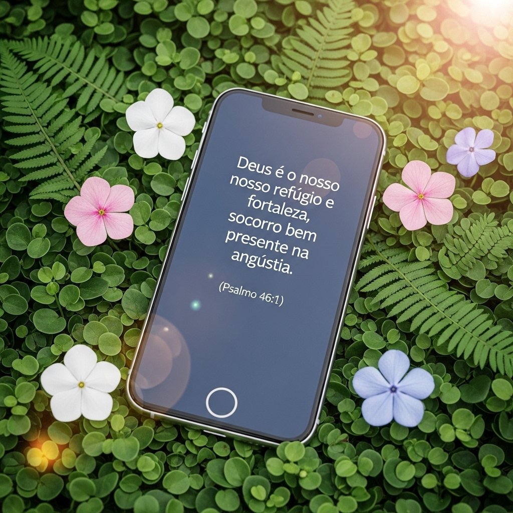Smartphone com versículos de bom dia com Deus na tela, cercado por elementos naturais, representando compartilhamento de mensagens bíblicas cristãs