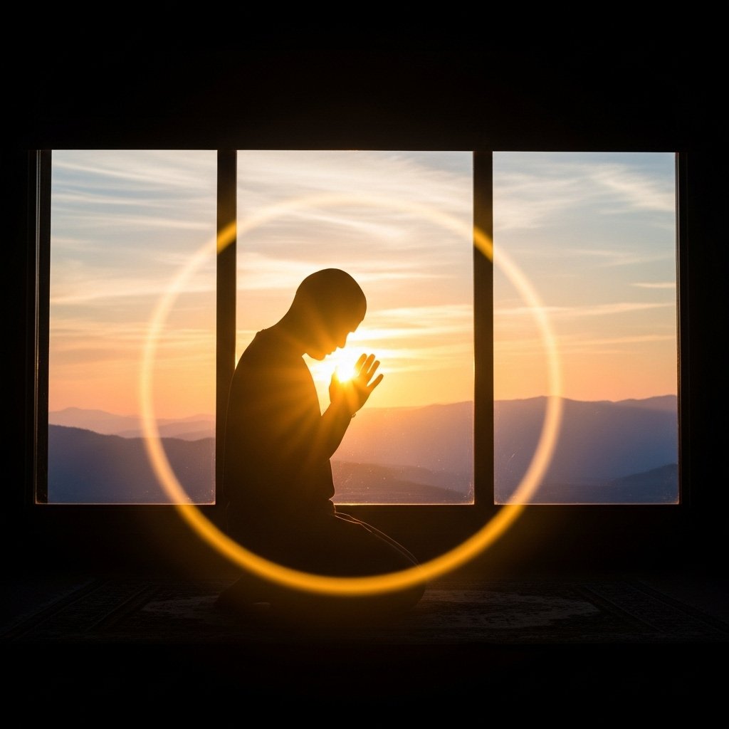 Pessoa orando ao amanhecer com versículos de bom dia com Deus, demonstrando fé e devoção cristã na luz dourada da manhã