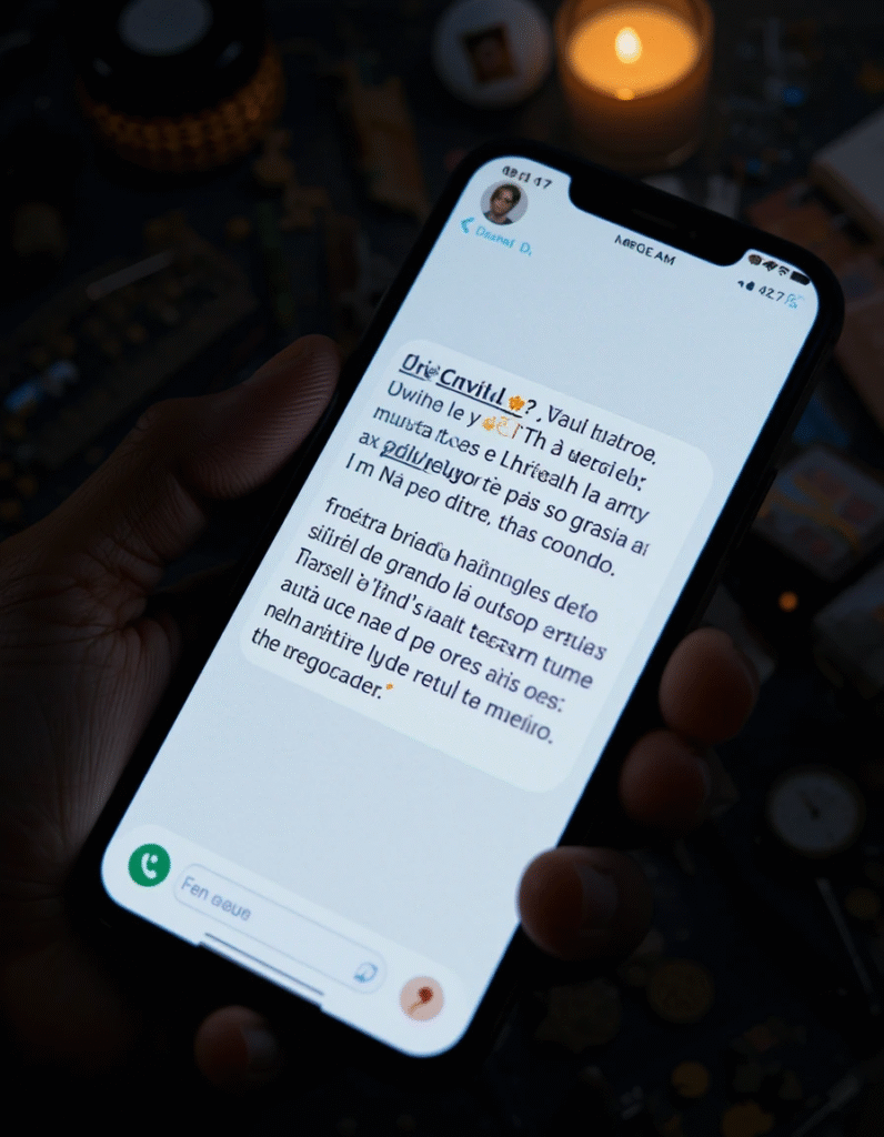 Smartphone mostrando mensagem de boa noite com versículos da Bíblia sendo compartilhada, demonstrando tecnologia a serviço da fé
