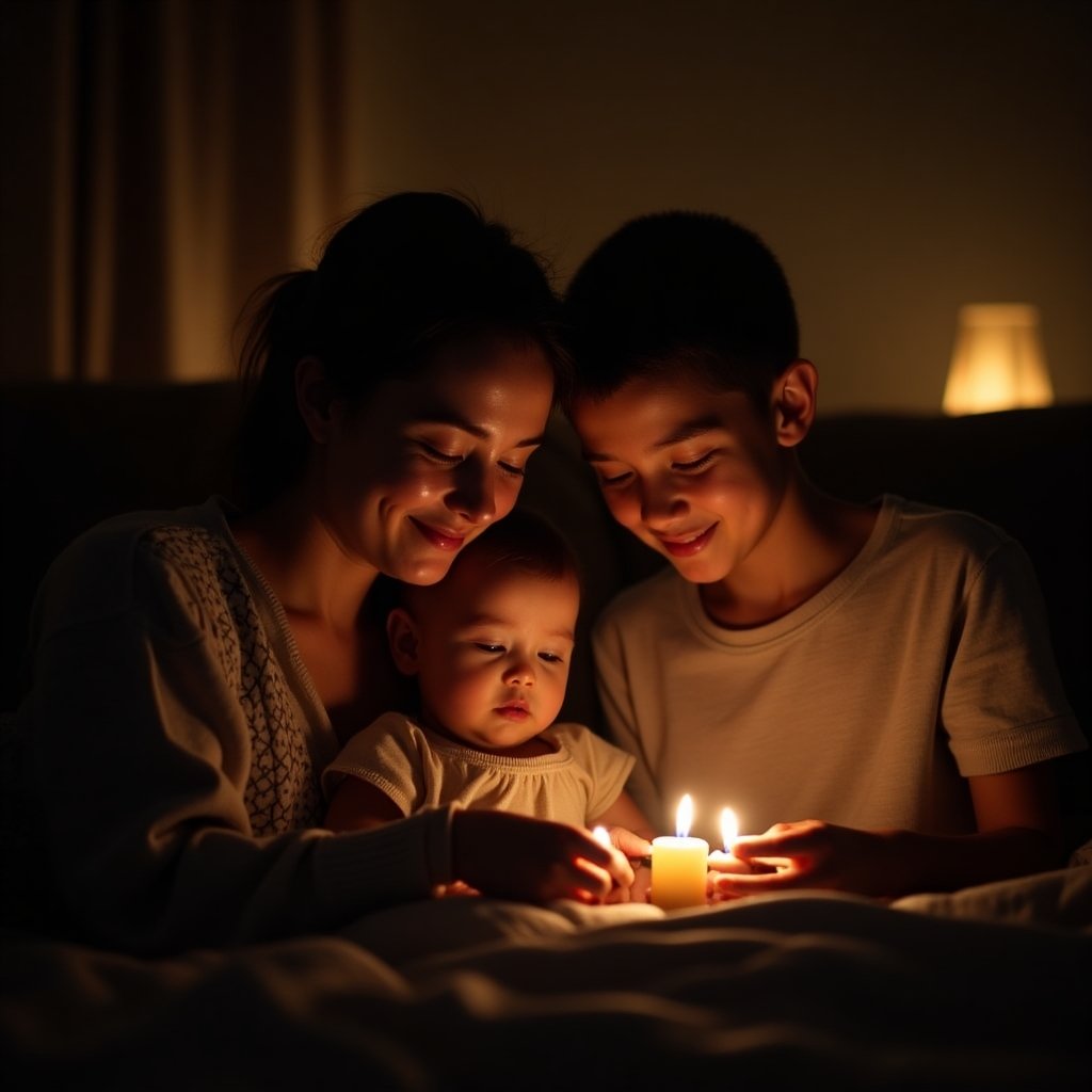 Família de diferentes idades orando em círculo, exemplificando como mensagem de boa noite com versículos da Bíblia fortalece laços familiares