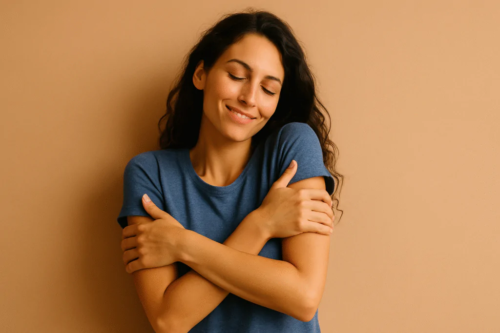 Mulher sorridente abraçando a si mesma com os olhos fechados, simbolizando autoamor e espiritualidade em sua forma mais simples