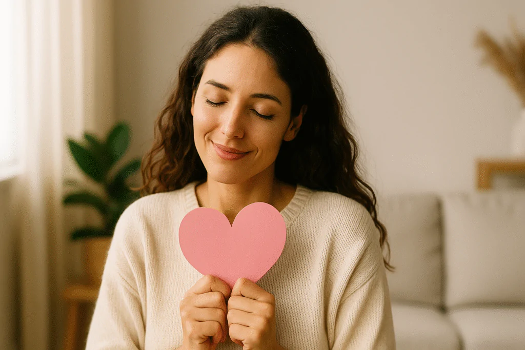 Mulher segurando um coração de papel com expressão de serenidade, representando o vínculo entre autoamor e espiritualidade