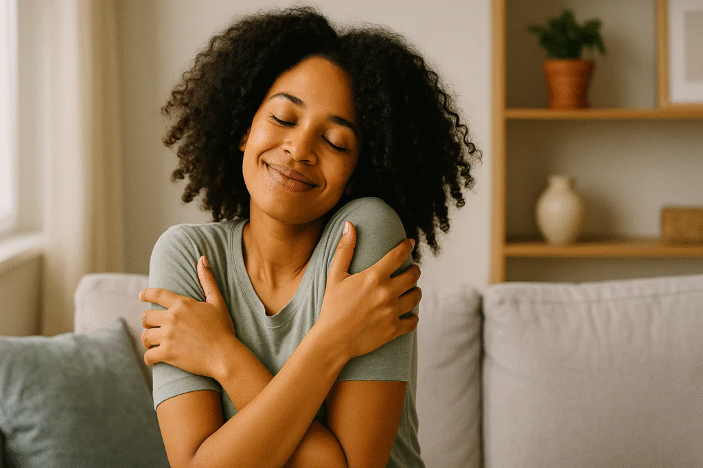 Mulher de olhos fechados abraçando a si mesma com leve sorriso, expressando autoamor e espiritualidade no dia a dia