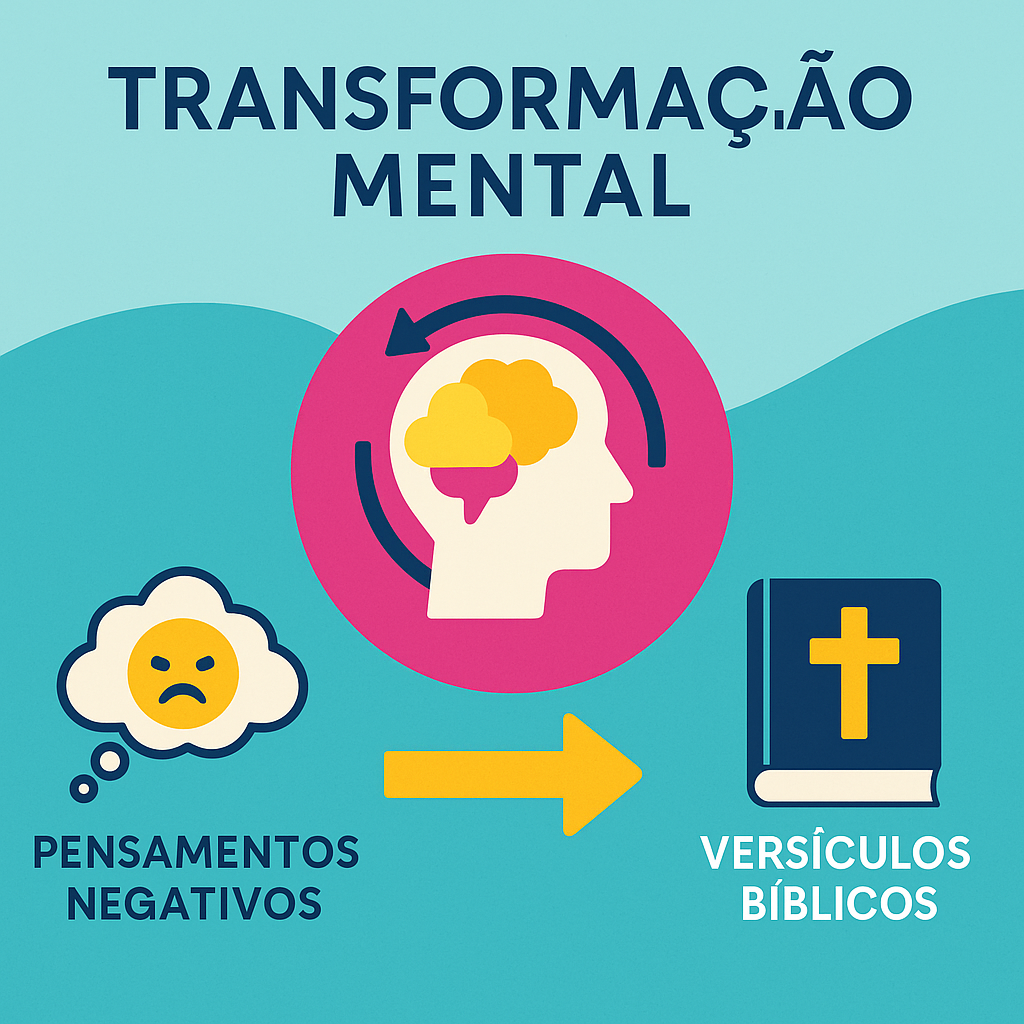 Infográfico moderno mostrando o processo de transformação mental segundo a lei da atração cristã, com ícones trocando pensamentos negativos por versículos bíblicos, em cores vibrantes.