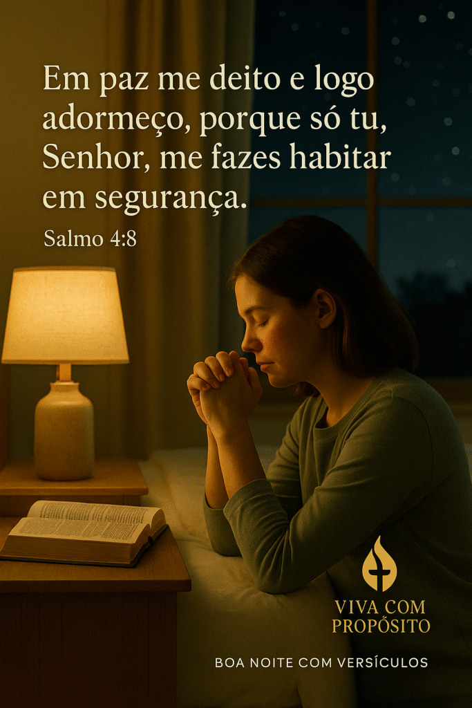 Mulher orando ao lado da cama com Bíblia aberta. Boa Noite com Versículos do Salmo 4:8 trazendo paz e segurança em Deus.