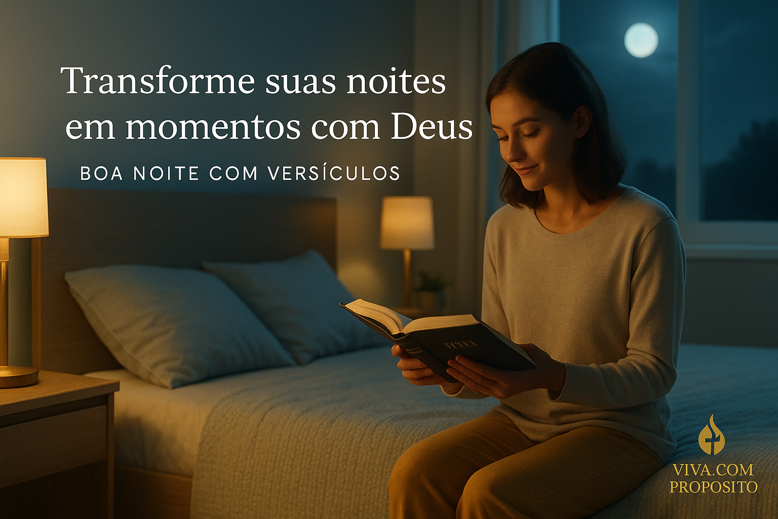 Jovem lendo a Bíblia sentada na cama sob a luz suave do abajur. Boa Noite com Versículos que trazem descanso em Deus.