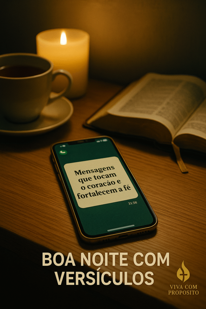 Bíblia aberta ao lado de vela acesa e celular com mensagem cristã. Boa Noite com Versículos para renovar a esperança.
