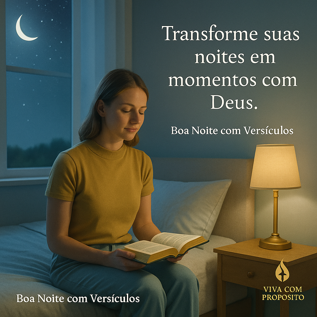Jovem meditando na Palavra de Deus à noite, iluminada pelo abajur. Boa Noite com Versículos para fortalecer a fé.