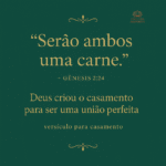 Card inspiracional com versículo para casamento Gênesis 2:24 sobre união matrimonial em verde esmeralda e dourado