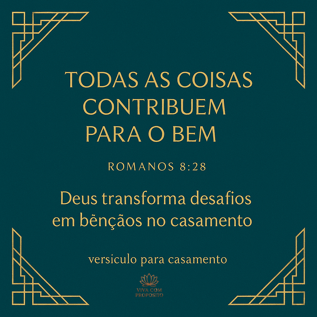 Design moderno com versículo para casamento Romanos 8:28 sobre propósito divino em azul petróleo e dourado