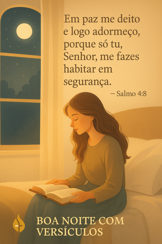 Ilustração de mulher lendo a Bíblia à noite com a lua pela janela. Boa Noite com Versículos do Salmo 4:8 trazendo paz e segurança em Deus.