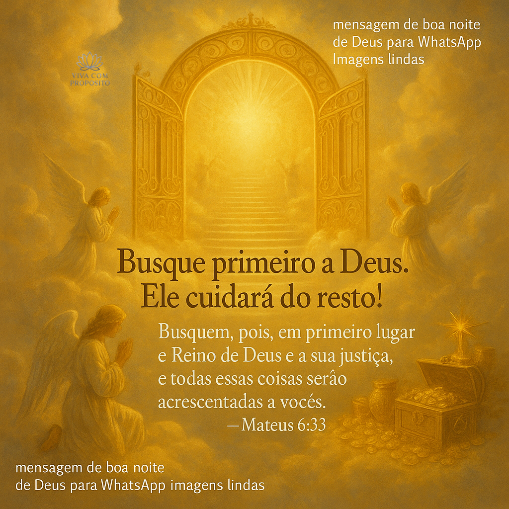 portões celestiais iluminados com anjos. Mensagem de boa noite de Deus para WhatsApp imagens lindas com Mateus 6:33 sobre buscar o Reino em primeiro lugar.