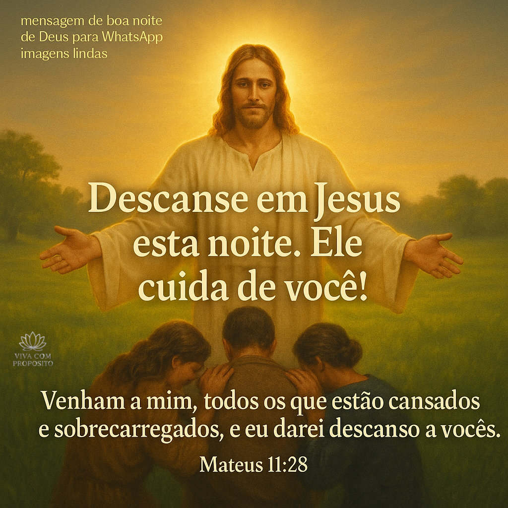 Jesus com braços abertos acolhendo pessoas cansadas. Mensagem de boa noite de Deus para WhatsApp imagens lindas baseada em Mateus 11:28.