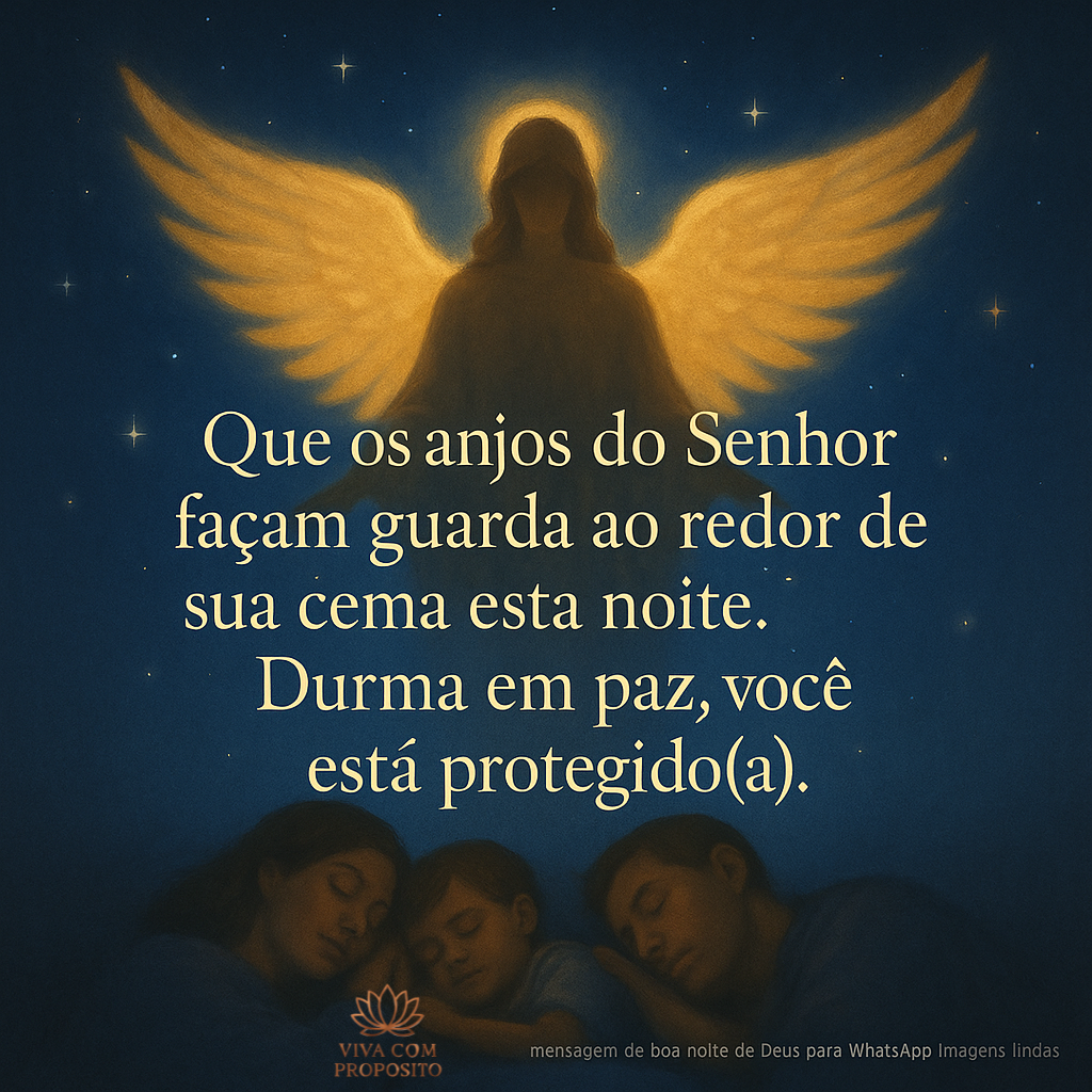 Anjo iluminado guarda família dormindo. Mensagem de boa noite de Deus para WhatsApp imagens lindas sobre proteção divina.