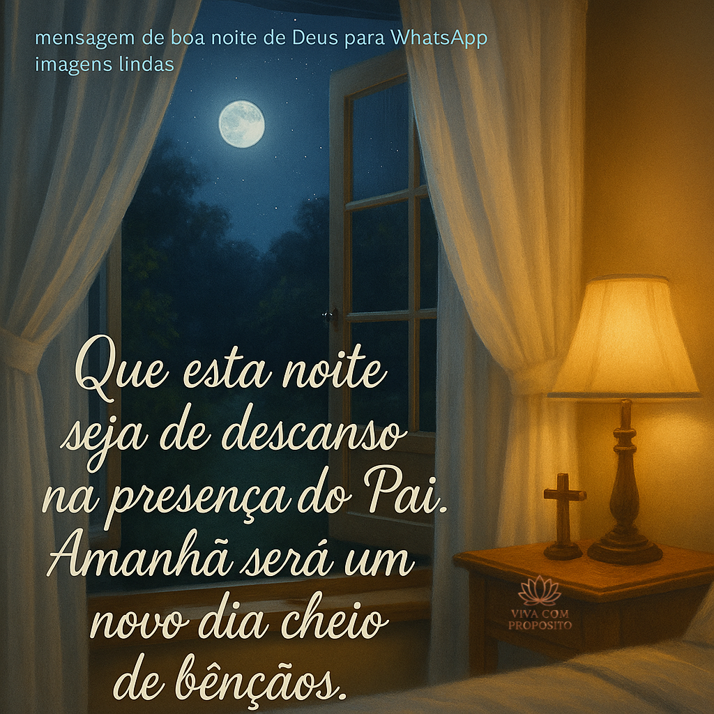 Quarto com cruz e lua iluminada ao fundo. Mensagem de boa noite de Deus para WhatsApp imagens lindas sobre descanso e bênçãos.
