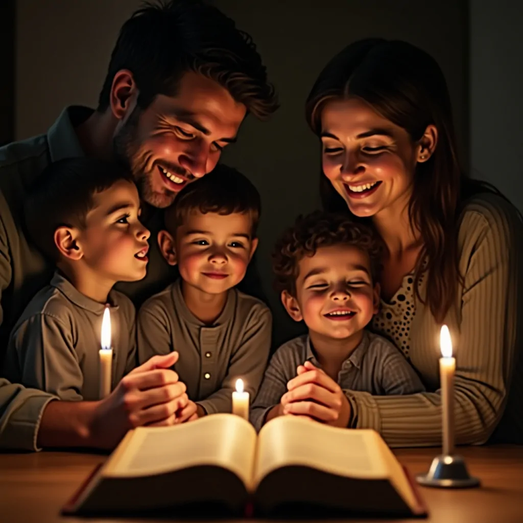 Frases de boa noite com versículos bíblicos ilustradas por uma família reunida em oração noturna com a Bíblia aberta sobre a mesa.