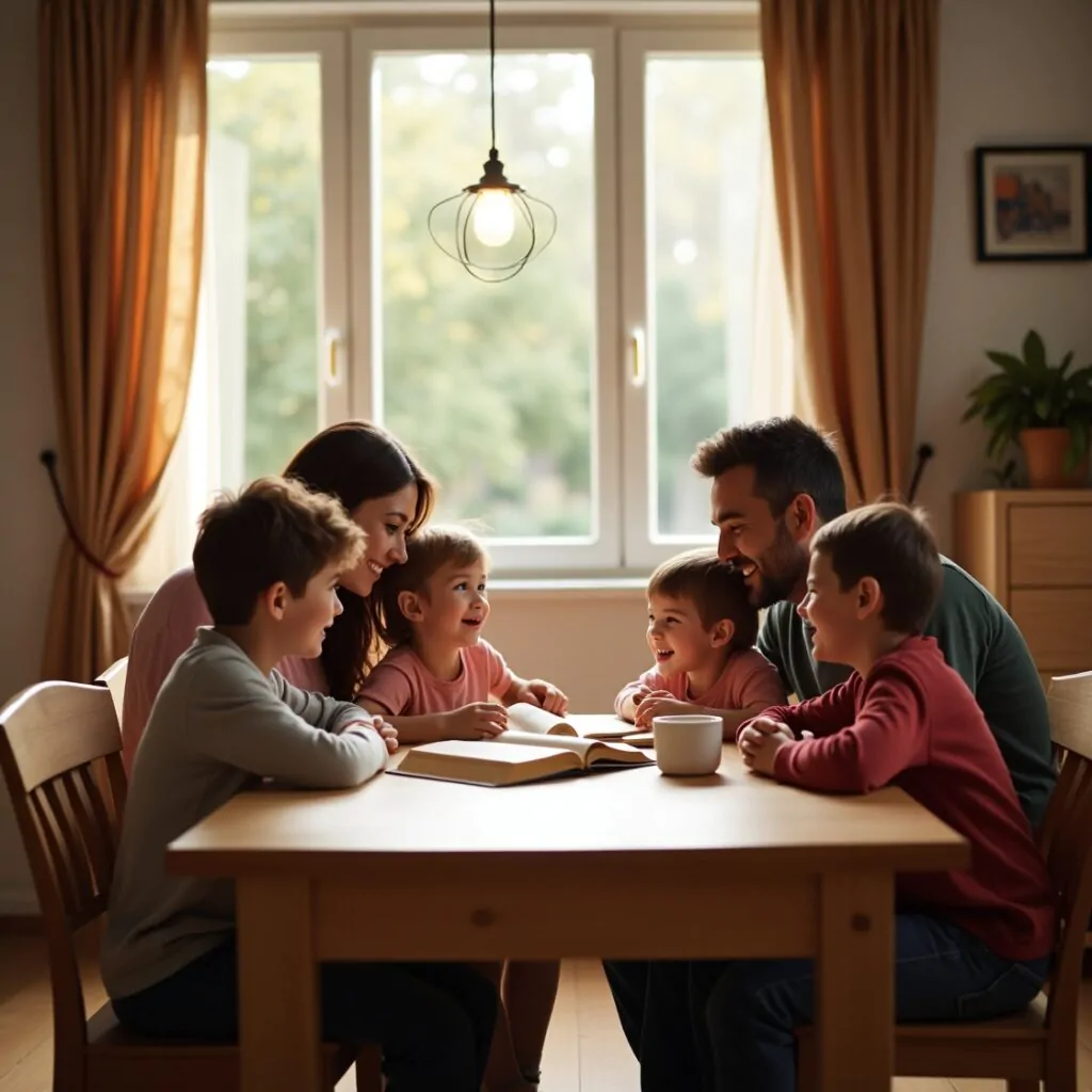 Família lendo mensagens cristãs curtas e fortalecendo os laços de amor e fé