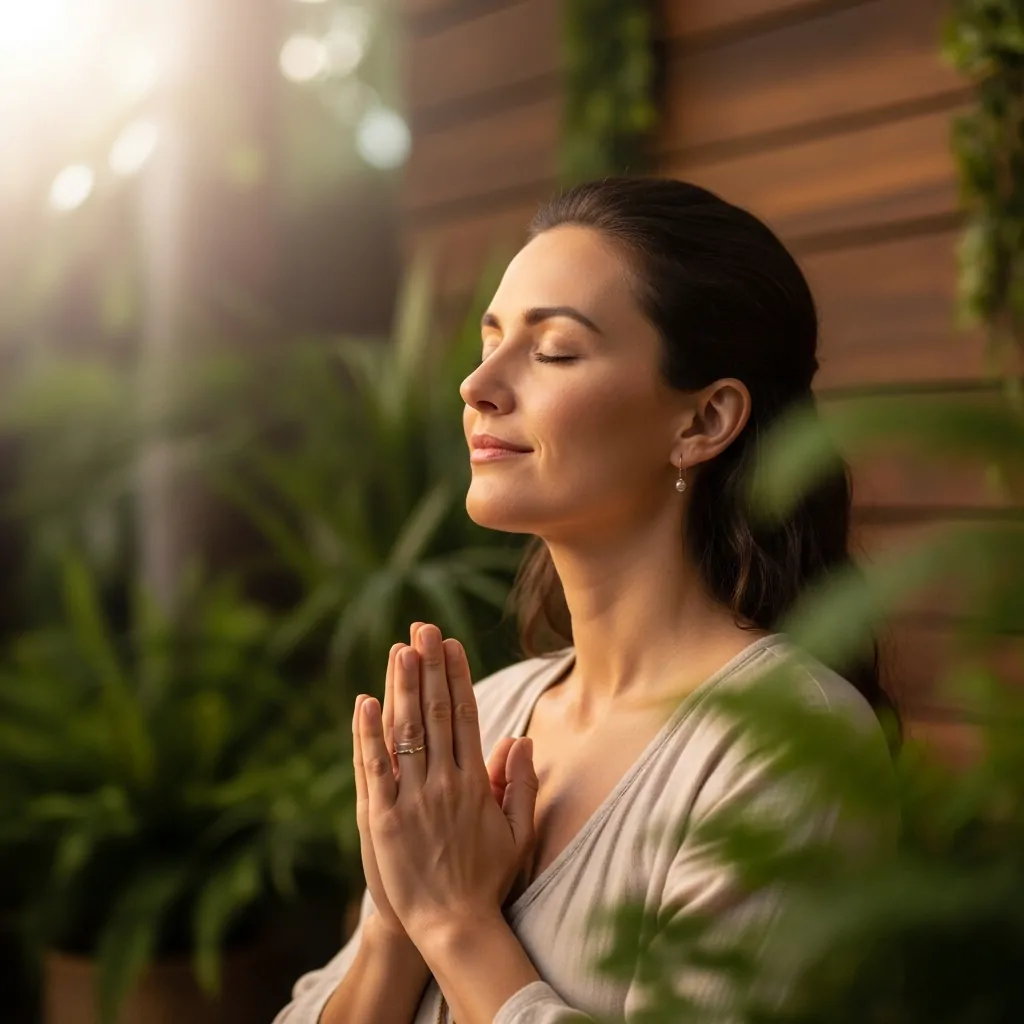 Mulher cristã orando e refletindo sobre as melhores frases cristãs para bio feminina