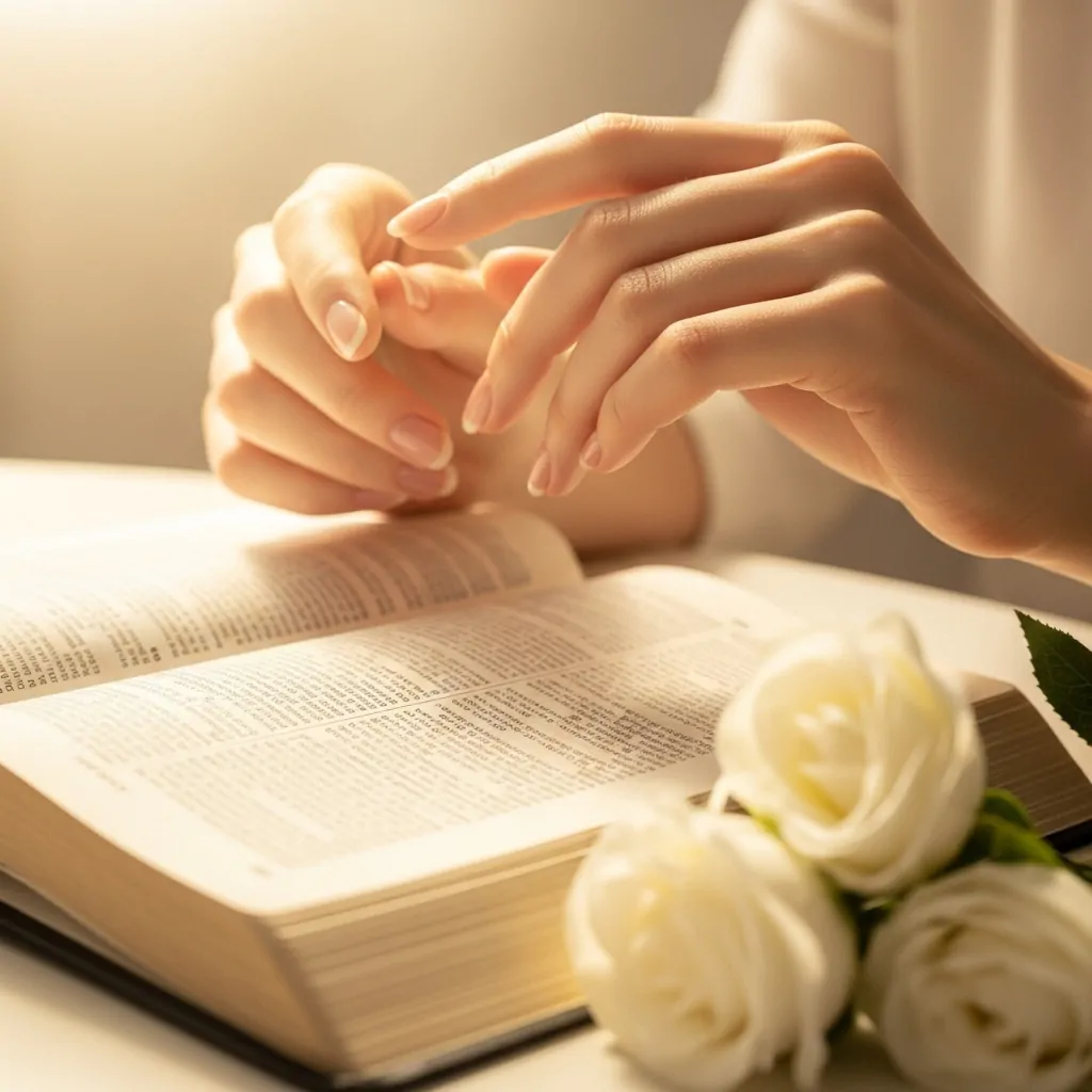 Mãos femininas segurando Bíblia aberta como inspiração para frases cristãs para bio feminina