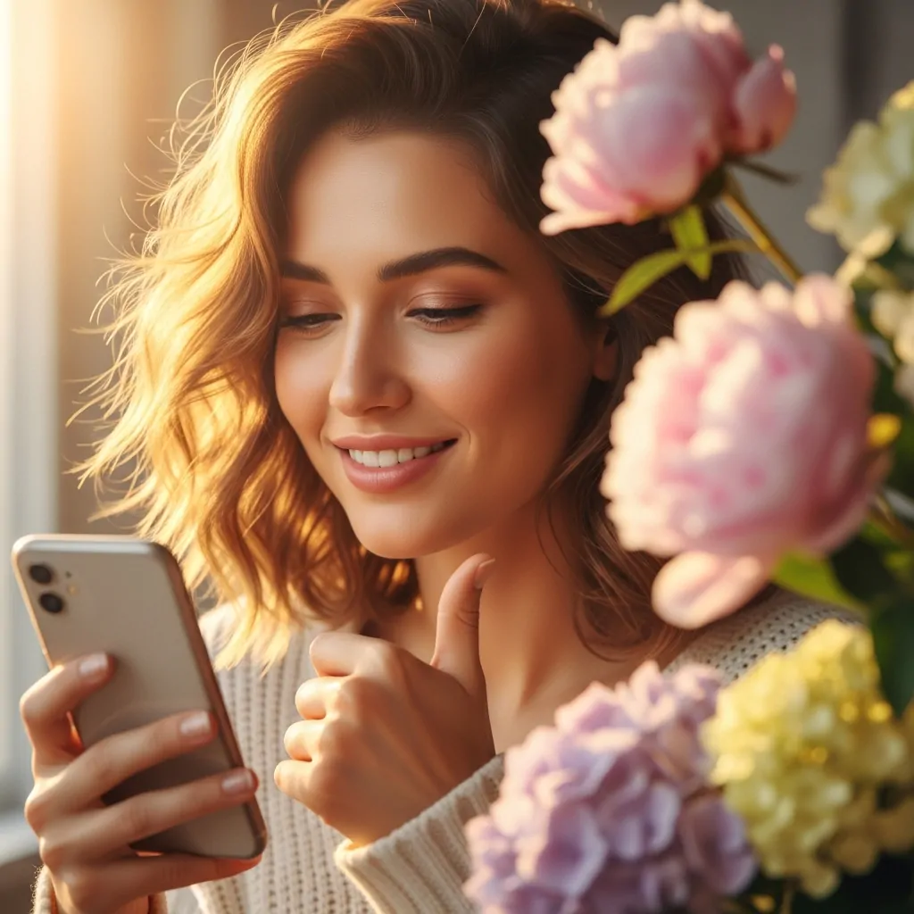 Jovem mulher feliz usando celular para criar frases cristãs para bio feminina inspiradora