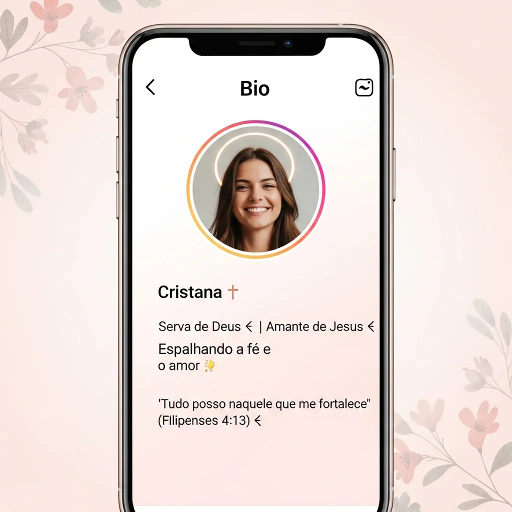 Imagem de bio feminina cristã para redes sociais, com frases cristãs inspiradoras sobre fé, amor e o versículo bíblico Filipenses 4:13. Ideal para perfis que desejam espalhar mensagens de Deus.