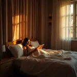 Mulher lendo versículo da noite de hoje na Bíblia antes de dormir em quarto aconchegante